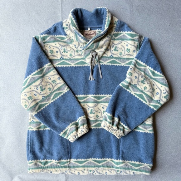 Vintage Woolrich Multicolour Floral Cottage Blue White Fleece Pullover Size XL - Picture 1 of 7